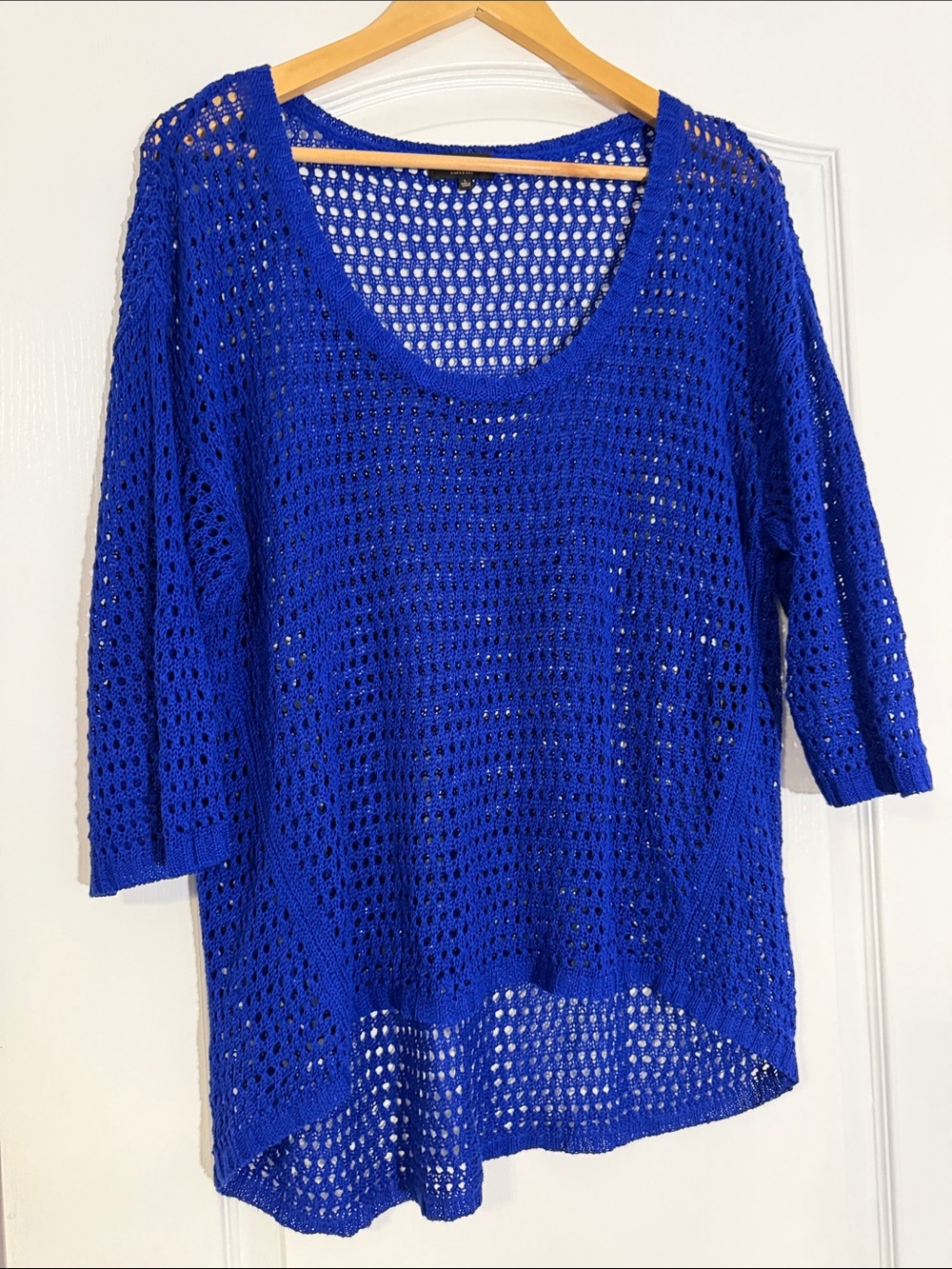 Babaton Aritzia Linen Silk Open Knit Royal Blue High Low Sweater L